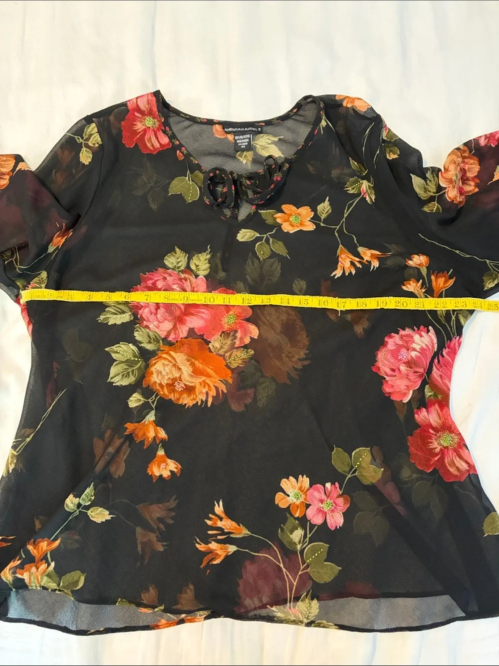 Sheer Black Floral Tie-Neck Blouse with Flowing Sleeves - Picture 3 of 8